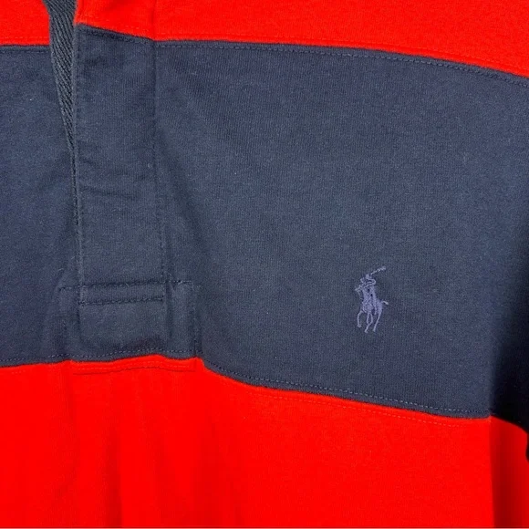 Vintage Polo Ralph Lauren Rugby Long Sleeve Shirt Stripe Red Navy Blue Sz Large - Picture 2 of 4